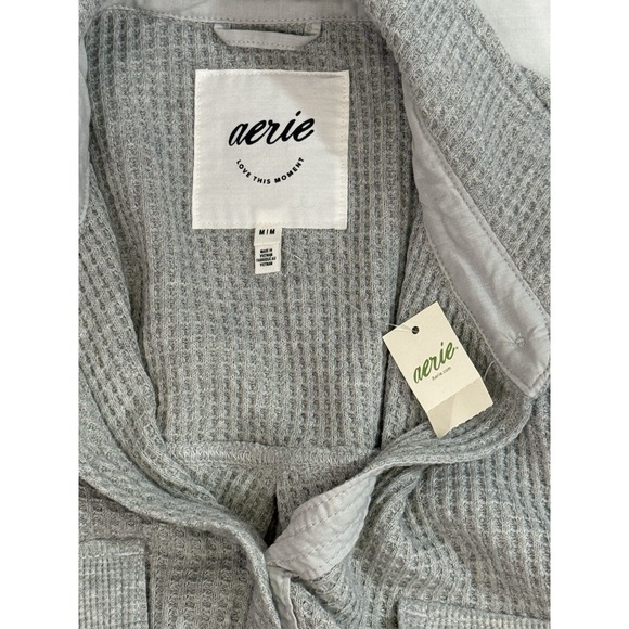 Aerie Lumberjane Waffle Knit Button Down Shirt grey Oversized Long Sleeve Top M - Picture 2 of 7